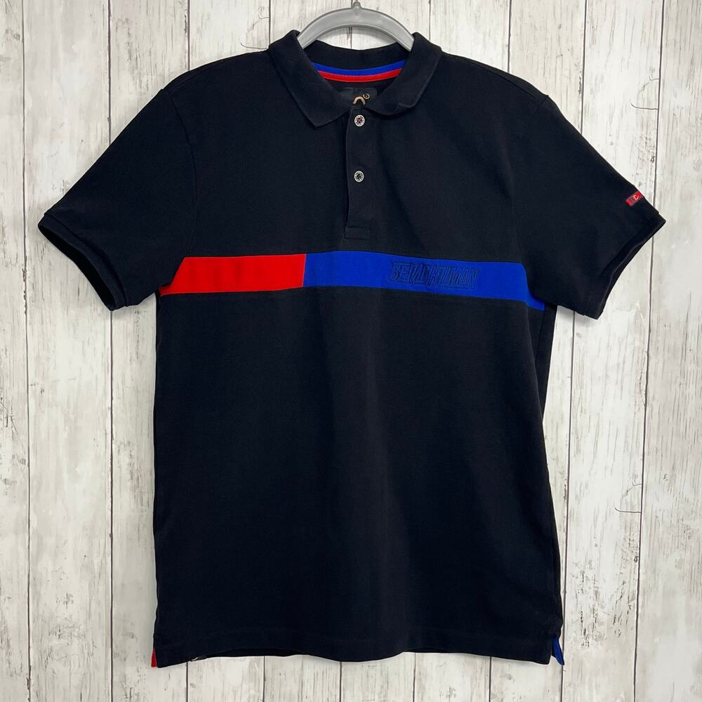 Being Human Black Short Sleeve Printed Logo Blue Red Casual Polo T-Shirt Large